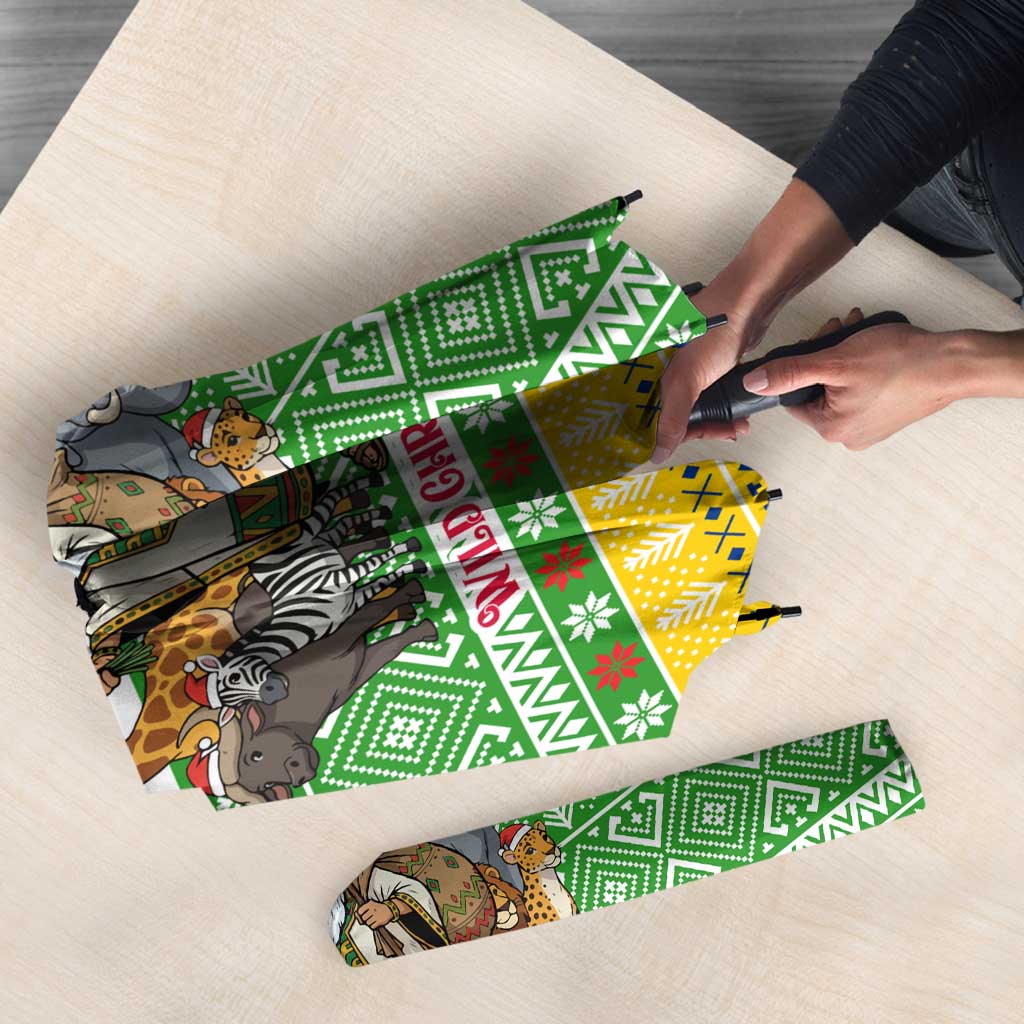 Central African Republic Christmas Umbrella with Santa and Safari Animals Baobab Trees Snowflakes and Tribal Pattern - Wonder Print Shop