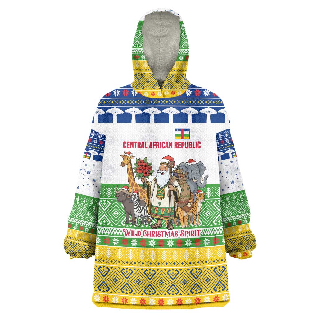 Central African Republic Christmas Wearable Blanket Hoodie with Santa and Safari Animals Baobab Trees Snowflakes and Tribal Pattern - Wonder Print Shop