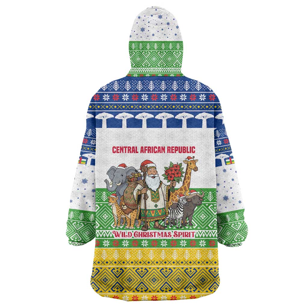 Central African Republic Christmas Wearable Blanket Hoodie with Santa and Safari Animals Baobab Trees Snowflakes and Tribal Pattern - Wonder Print Shop