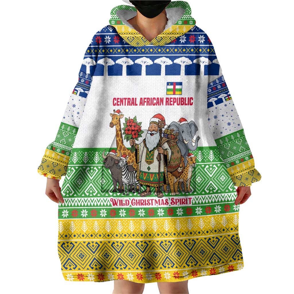 Central African Republic Christmas Wearable Blanket Hoodie with Santa and Safari Animals Baobab Trees Snowflakes and Tribal Pattern - Wonder Print Shop