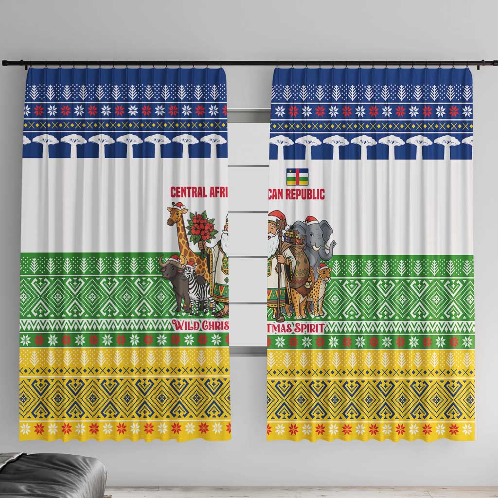 Central African Republic Christmas Window Curtain with Santa and Safari Animals Baobab Trees Snowflakes and Tribal Pattern - Wonder Print Shop