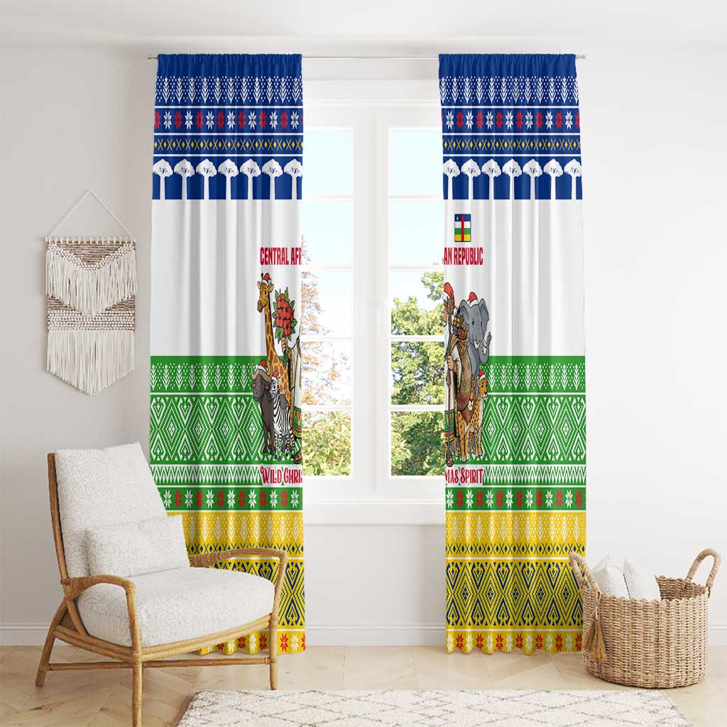 Central African Republic Christmas Window Curtain with Santa and Safari Animals Baobab Trees Snowflakes and Tribal Pattern - Wonder Print Shop