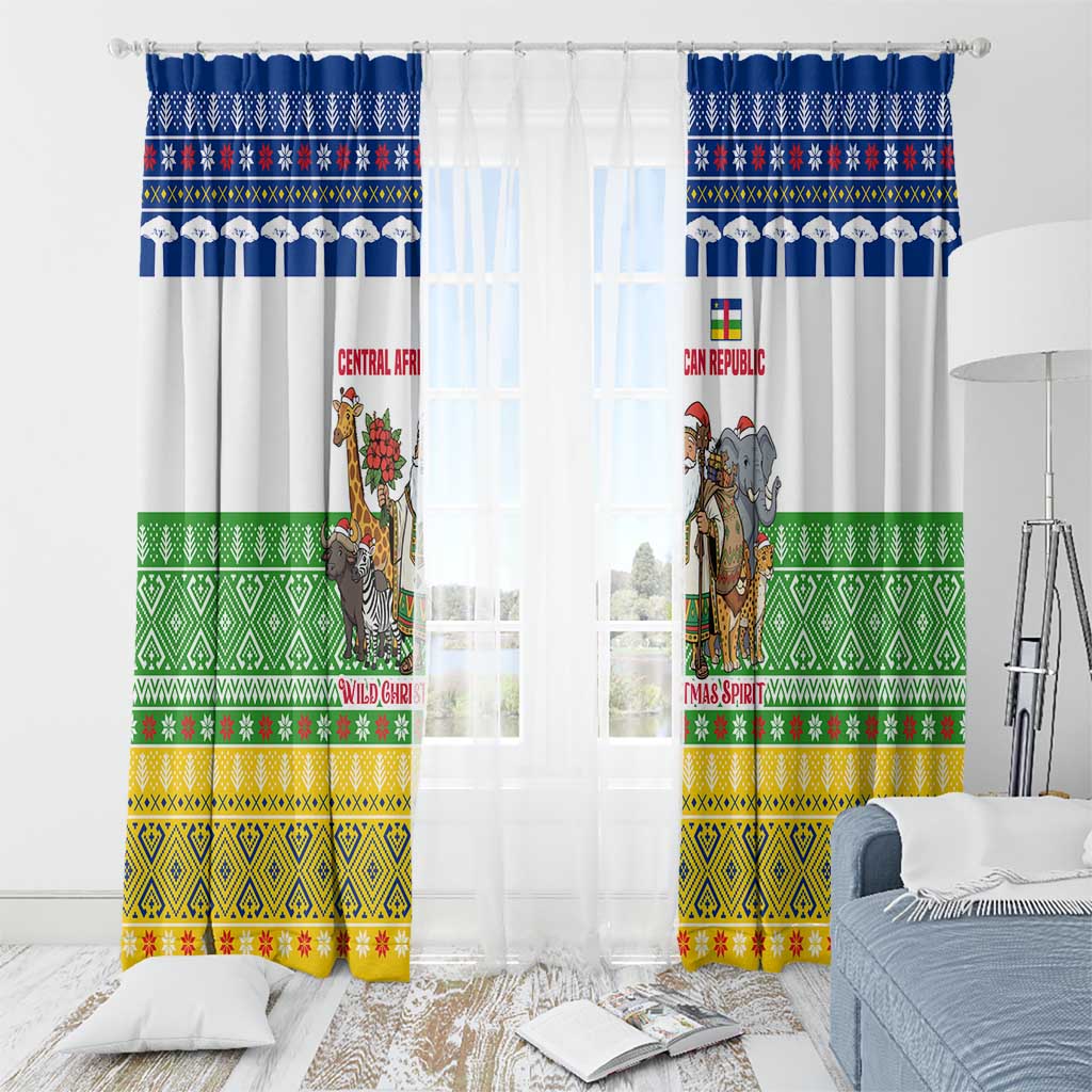 Central African Republic Christmas Window Curtain with Santa and Safari Animals Baobab Trees Snowflakes and Tribal Pattern - Wonder Print Shop