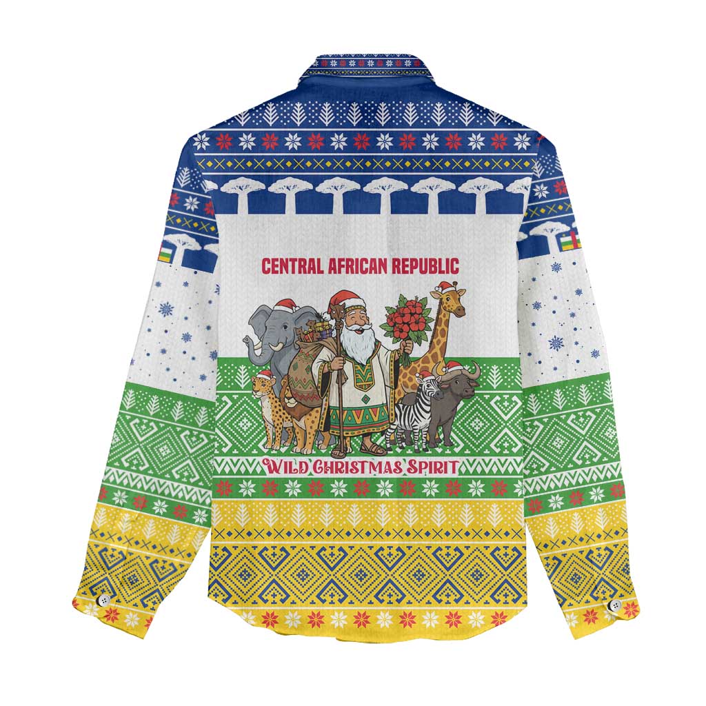 Central African Republic Christmas Women Casual Shirt with Santa and Safari Animals Baobab Trees Snowflakes and Tribal Pattern - Wonder Print Shop
