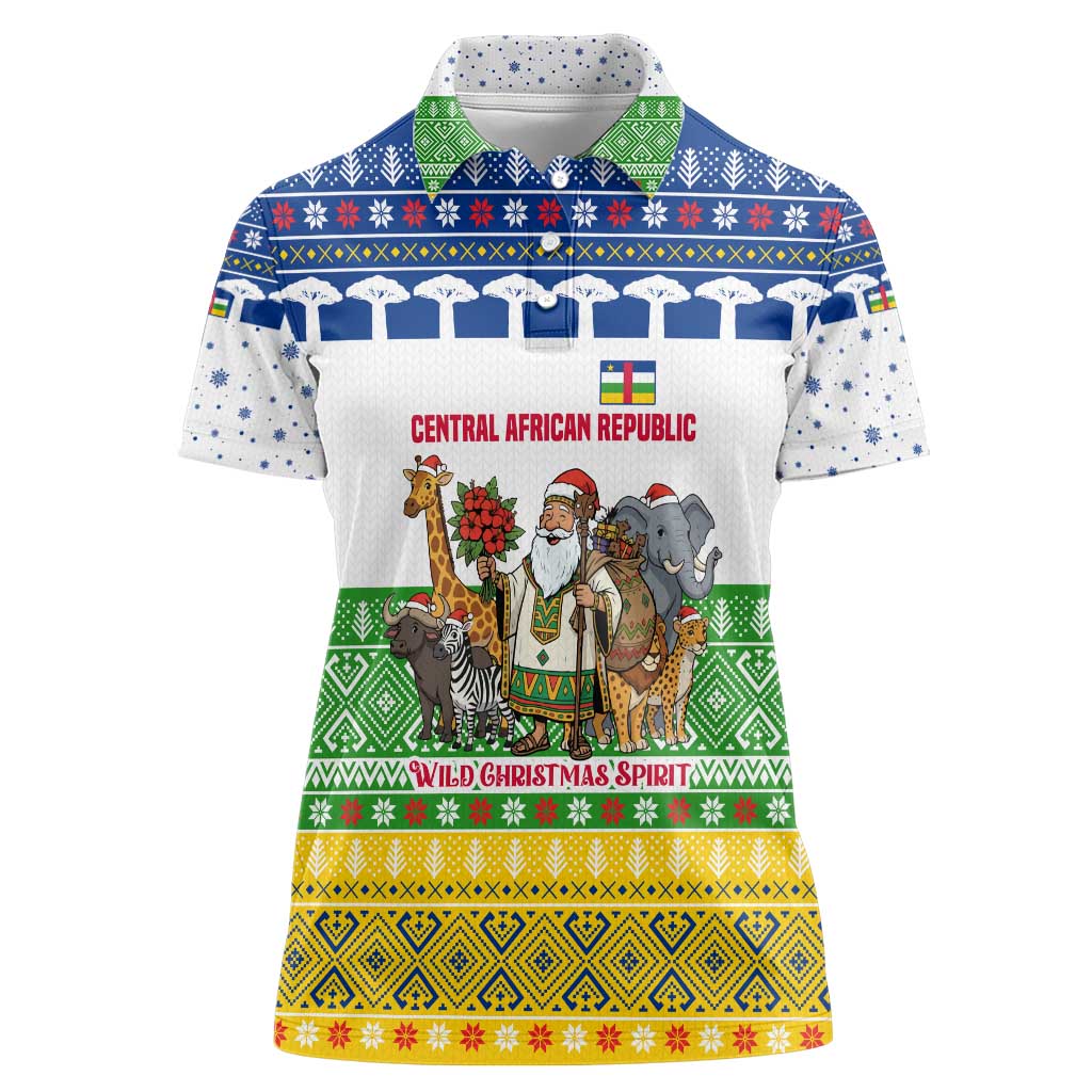 Central African Republic Christmas Women Polo Shirt with Santa and Safari Animals Baobab Trees Snowflakes and Tribal Pattern - Wonder Print Shop