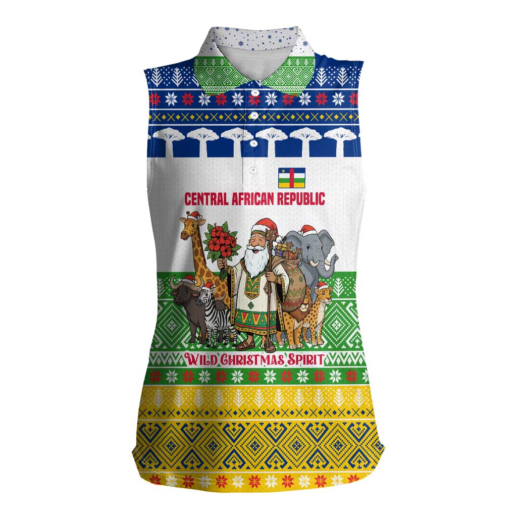 Central African Republic Christmas Women Sleeveless Polo Shirt with Santa and Safari Animals Baobab Trees Snowflakes and Tribal Pattern - Wonder Print Shop