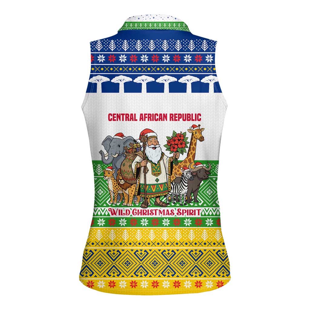 Central African Republic Christmas Women Sleeveless Polo Shirt with Santa and Safari Animals Baobab Trees Snowflakes and Tribal Pattern - Wonder Print Shop