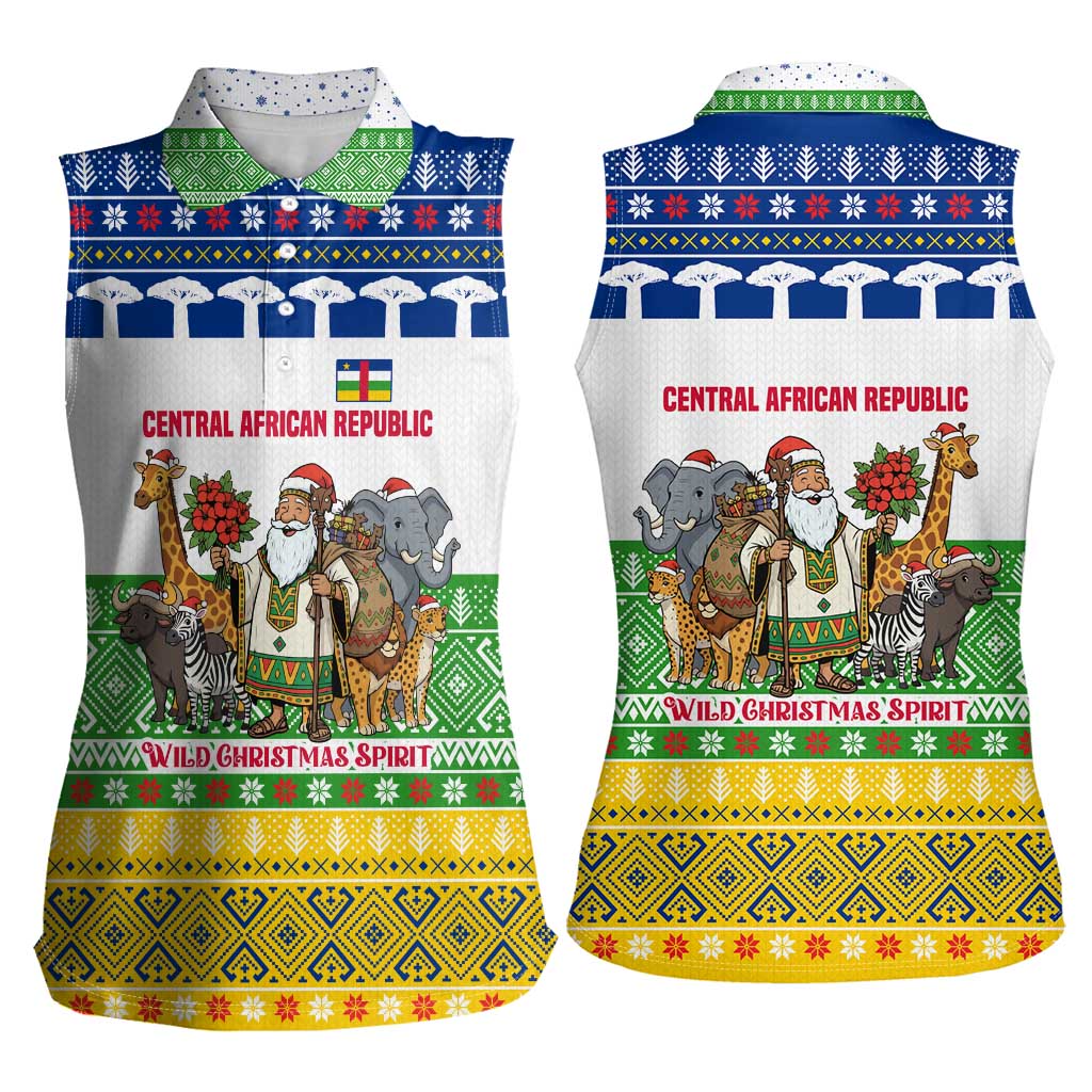 Central African Republic Christmas Women Sleeveless Polo Shirt with Santa and Safari Animals Baobab Trees Snowflakes and Tribal Pattern - Wonder Print Shop