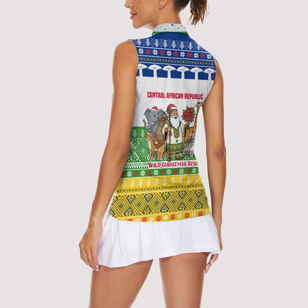 Central African Republic Christmas Women Sleeveless Polo Shirt with Santa and Safari Animals Baobab Trees Snowflakes and Tribal Pattern - Wonder Print Shop