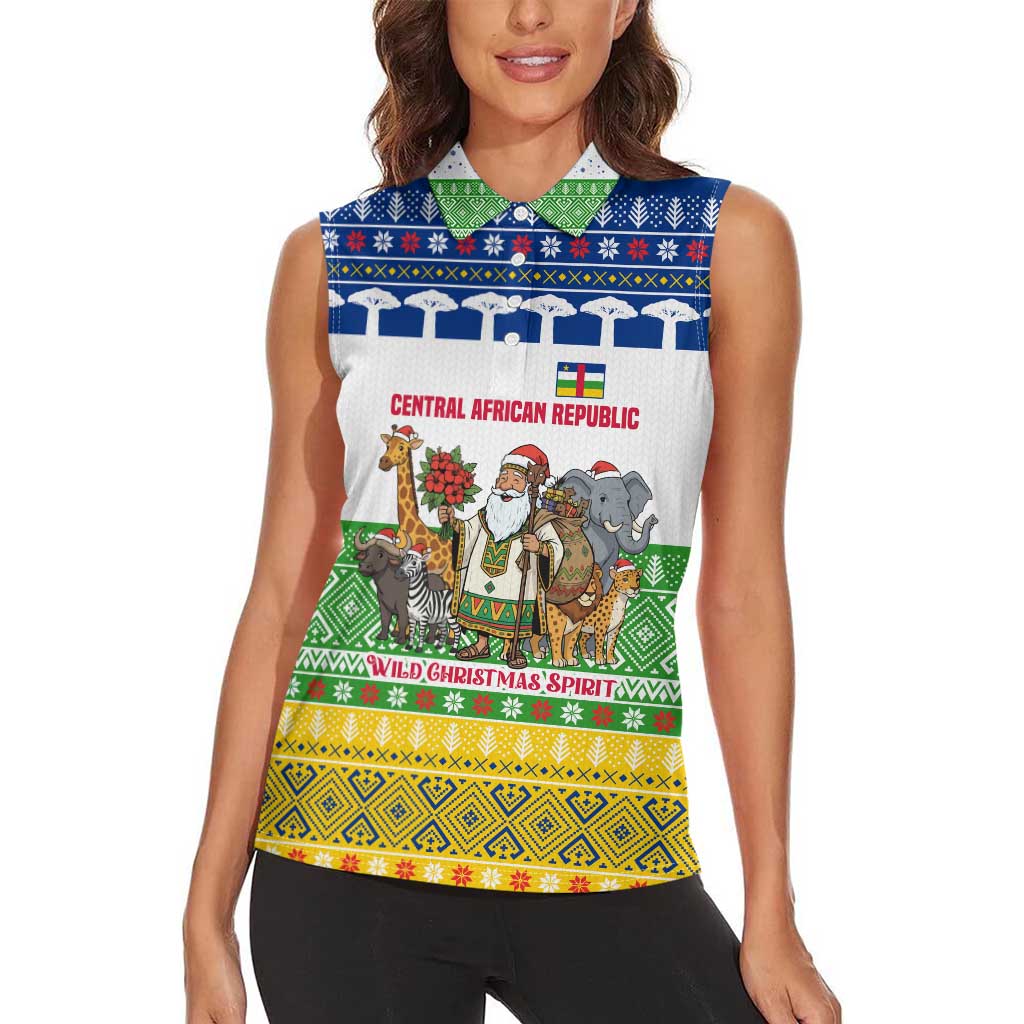 Central African Republic Christmas Women Sleeveless Polo Shirt with Santa and Safari Animals Baobab Trees Snowflakes and Tribal Pattern - Wonder Print Shop