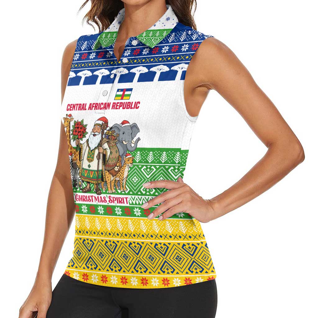 Central African Republic Christmas Women Sleeveless Polo Shirt with Santa and Safari Animals Baobab Trees Snowflakes and Tribal Pattern - Wonder Print Shop