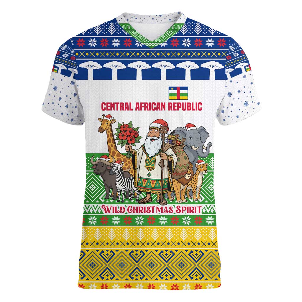 Central African Republic Christmas Women V-Neck T-Shirt with Santa and Safari Animals Baobab Trees Snowflakes and Tribal Pattern - Wonder Print Shop