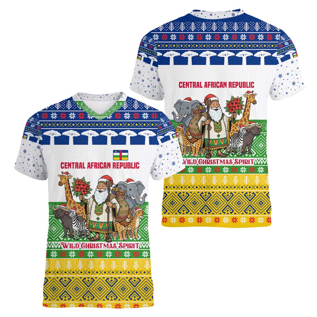 Central African Republic Christmas Women V-Neck T-Shirt with Santa and Safari Animals Baobab Trees Snowflakes and Tribal Pattern - Wonder Print Shop