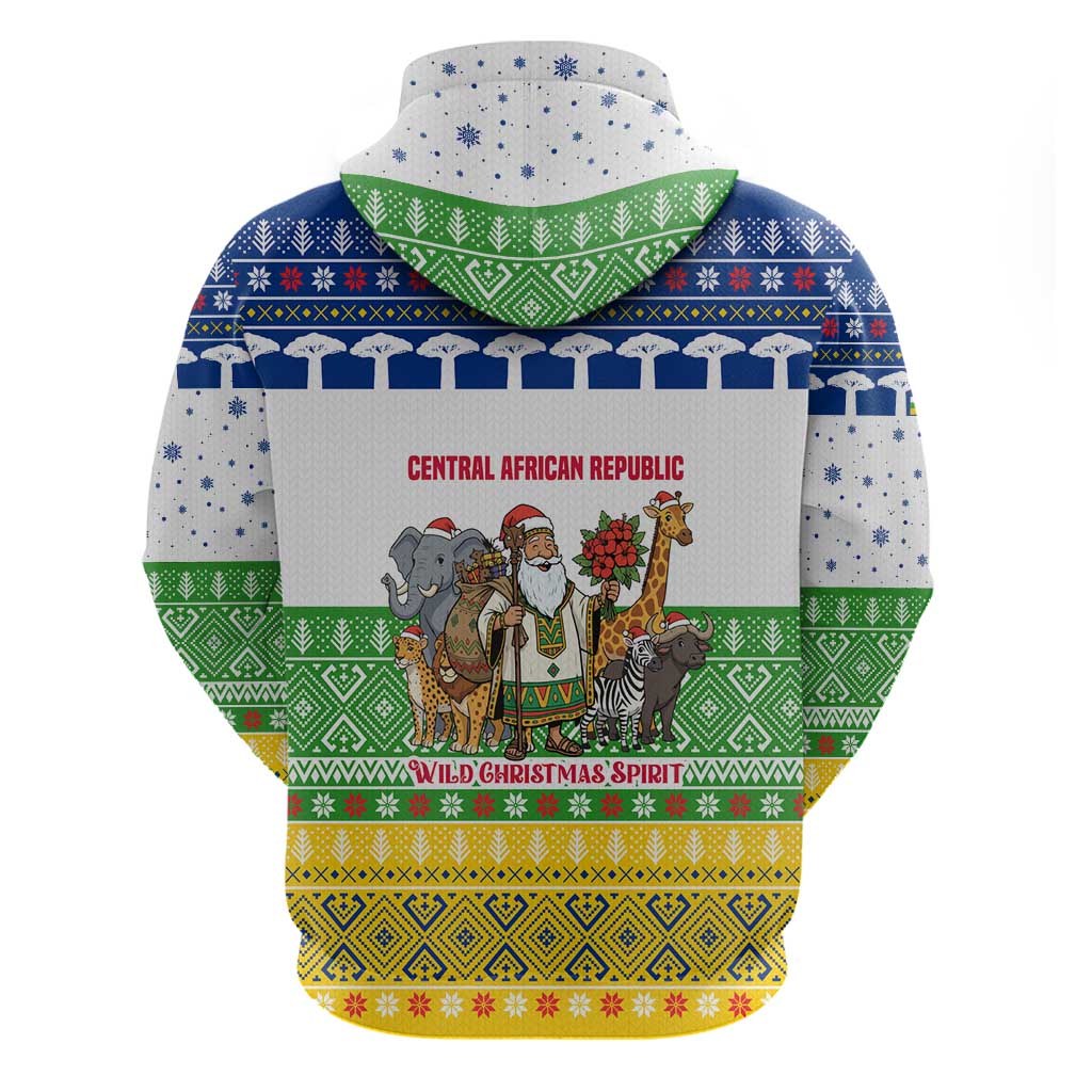 Central African Republic Christmas Zip Hoodie with Santa and Safari Animals Baobab Trees Snowflakes and Tribal Pattern - Wonder Print Shop