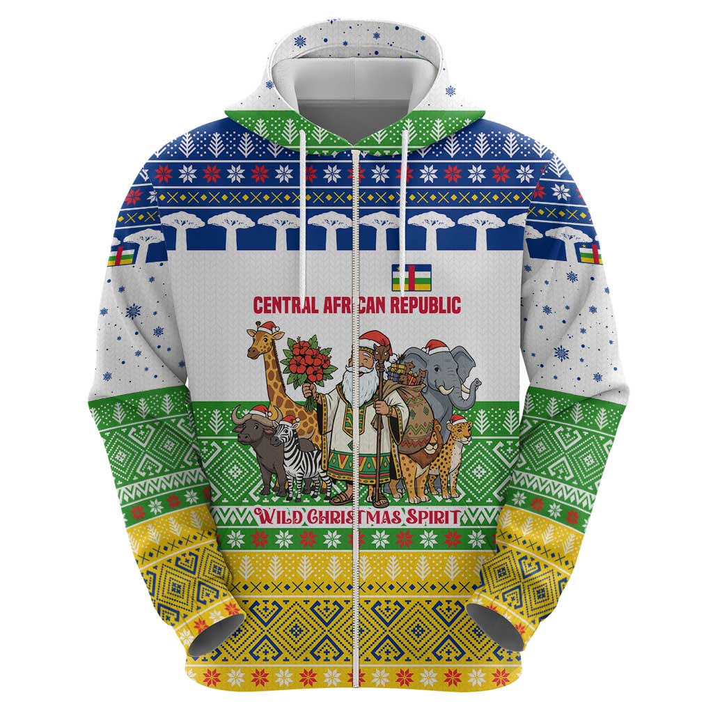 Central African Republic Christmas Zip Hoodie with Santa and Safari Animals Baobab Trees Snowflakes and Tribal Pattern - Wonder Print Shop