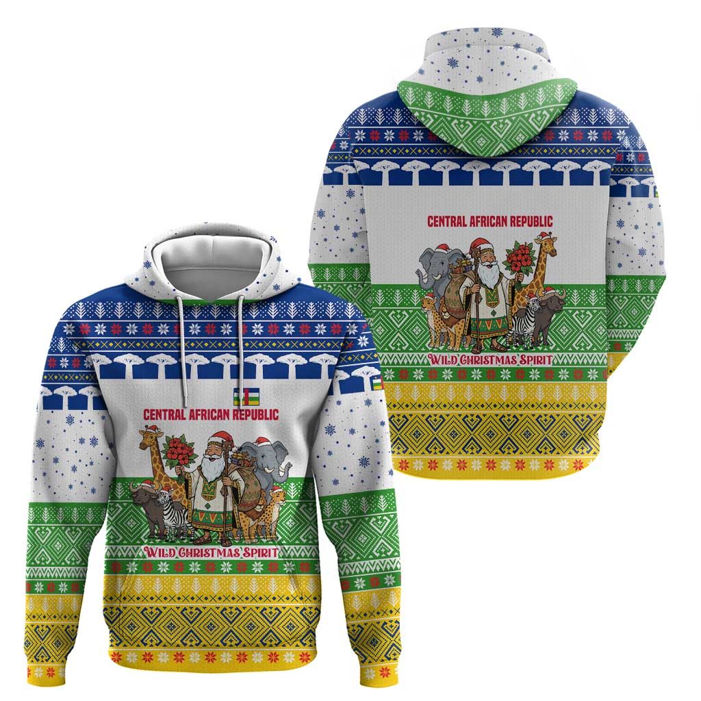Central African Republic Christmas Zip Hoodie with Santa and Safari Animals Baobab Trees Snowflakes and Tribal Pattern - Wonder Print Shop