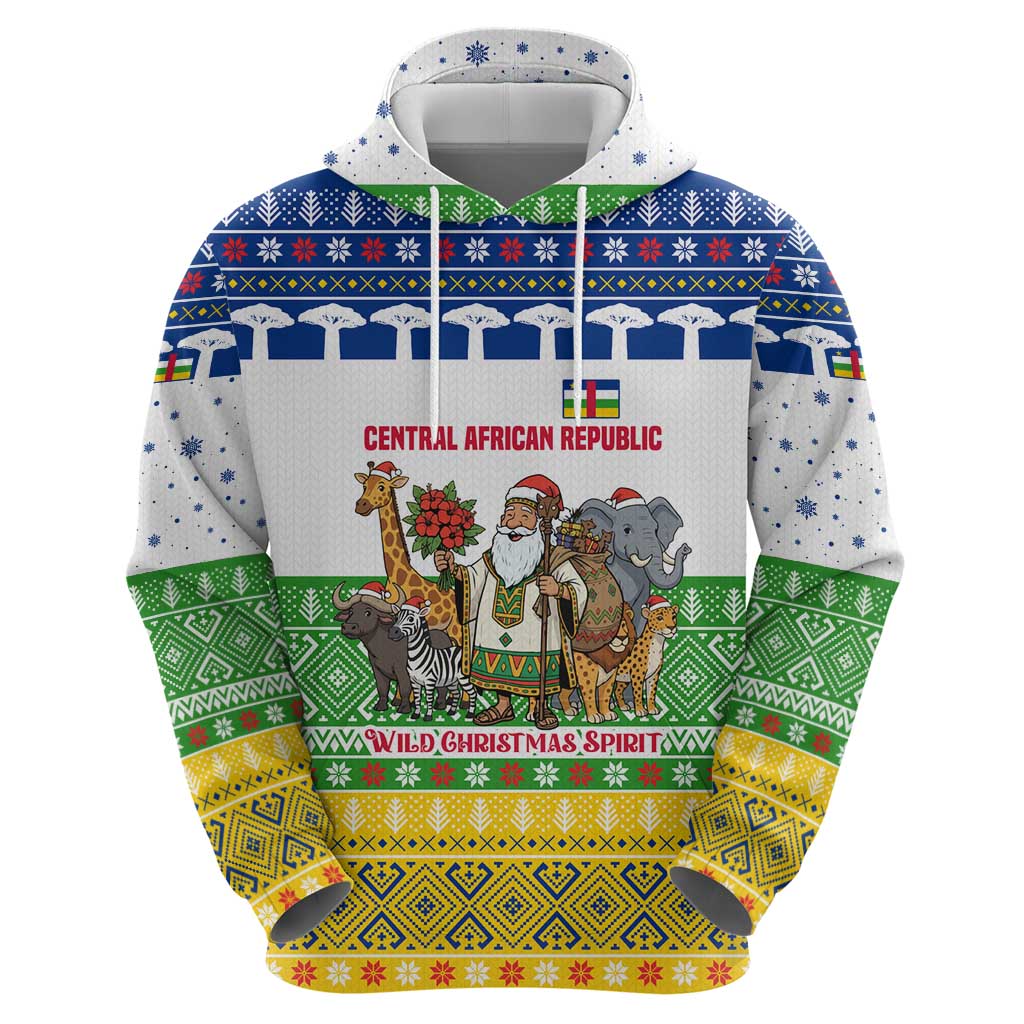 Central African Republic Christmas Zip Hoodie with Santa and Safari Animals Baobab Trees Snowflakes and Tribal Pattern - Wonder Print Shop