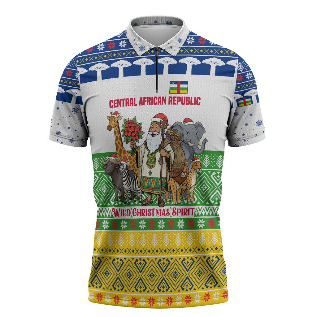 Central African Republic Christmas Zipper Polo Shirt with Santa and Safari Animals Baobab Trees Snowflakes and Tribal Pattern - Wonder Print Shop