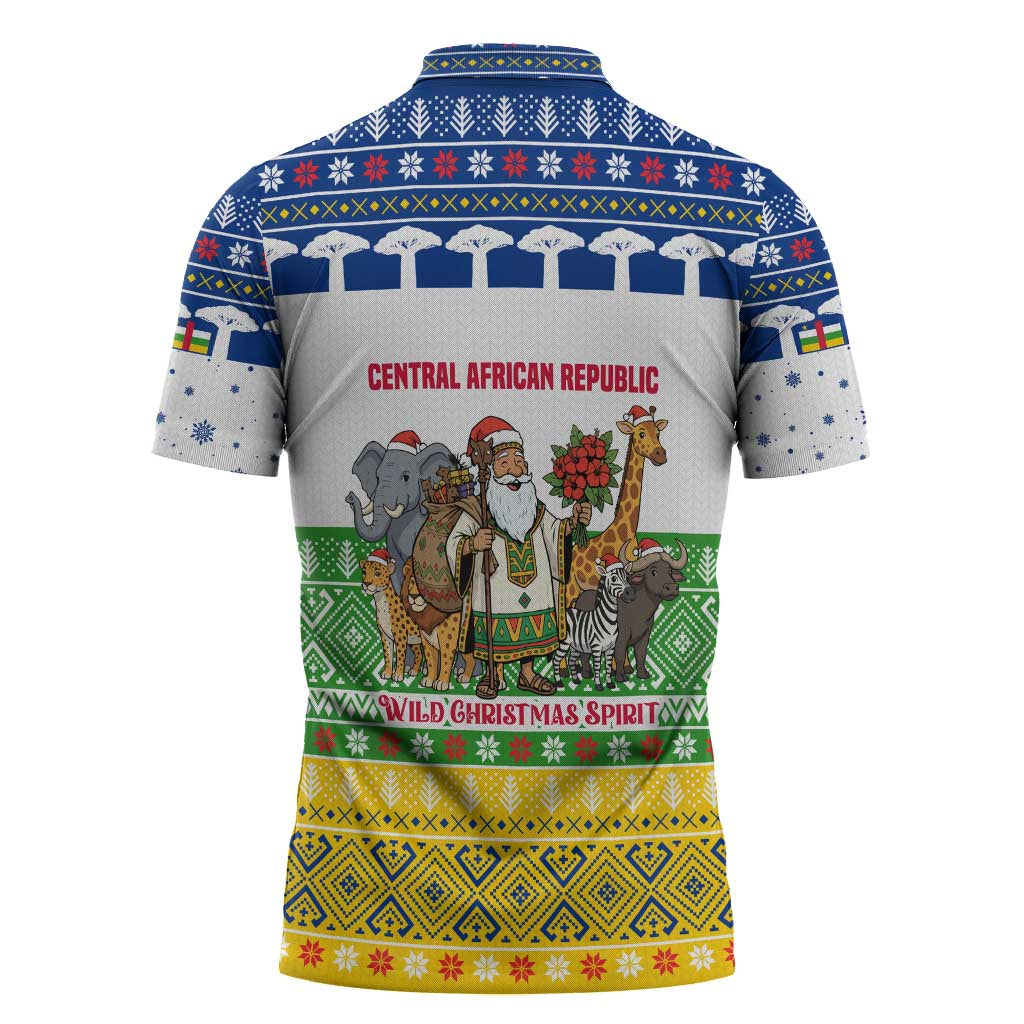 Central African Republic Christmas Zipper Polo Shirt with Santa and Safari Animals Baobab Trees Snowflakes and Tribal Pattern - Wonder Print Shop