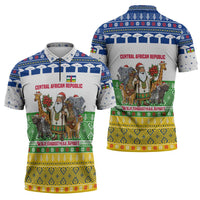 Central African Republic Christmas Zipper Polo Shirt with Santa and Safari Animals Baobab Trees Snowflakes and Tribal Pattern - Wonder Print Shop
