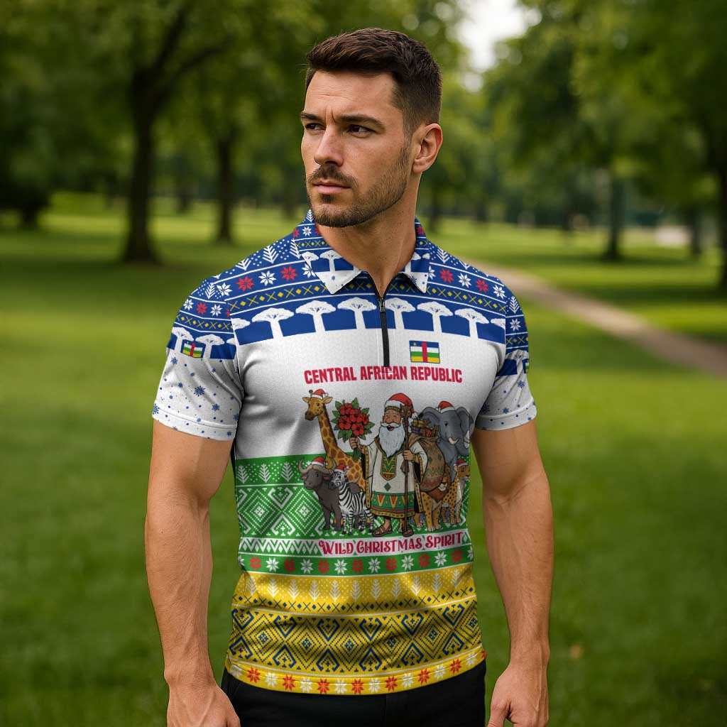 Central African Republic Christmas Zipper Polo Shirt with Santa and Safari Animals Baobab Trees Snowflakes and Tribal Pattern - Wonder Print Shop