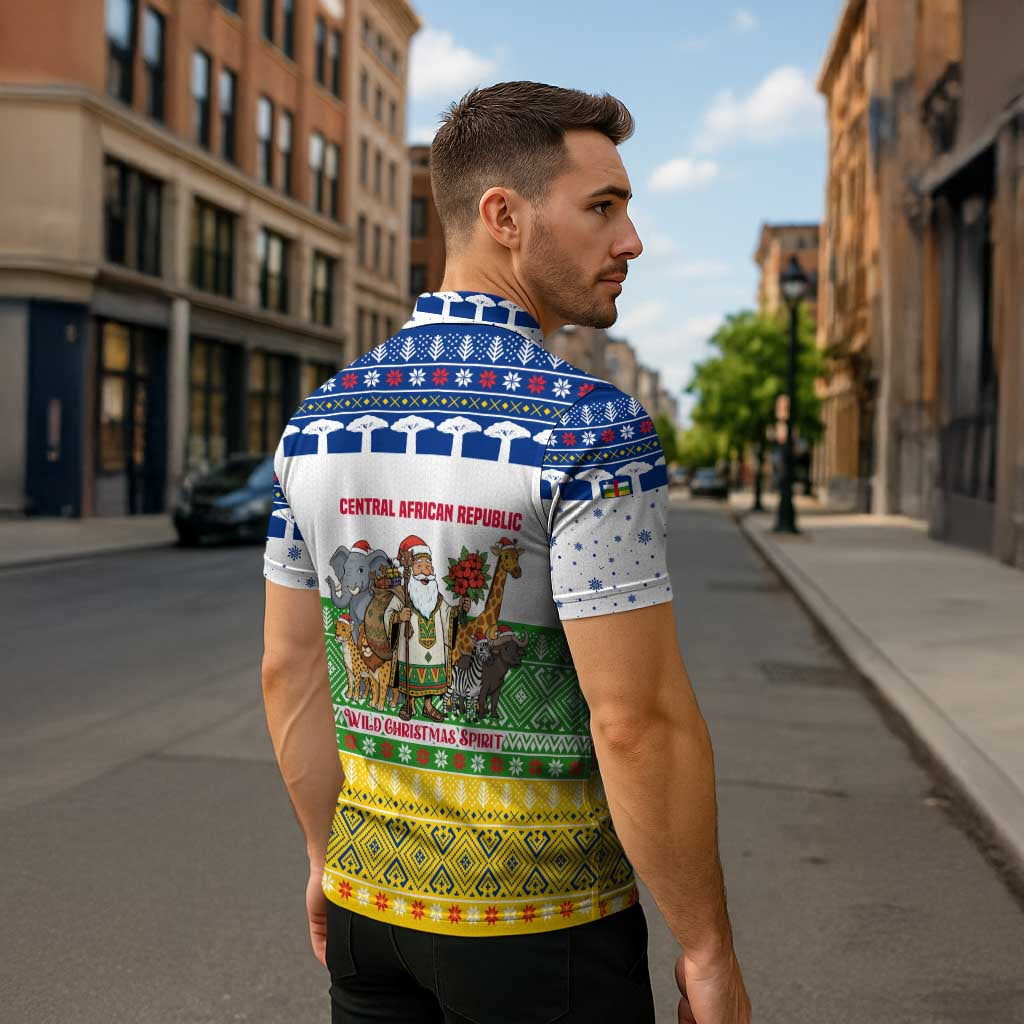 Central African Republic Christmas Zipper Polo Shirt with Santa and Safari Animals Baobab Trees Snowflakes and Tribal Pattern - Wonder Print Shop