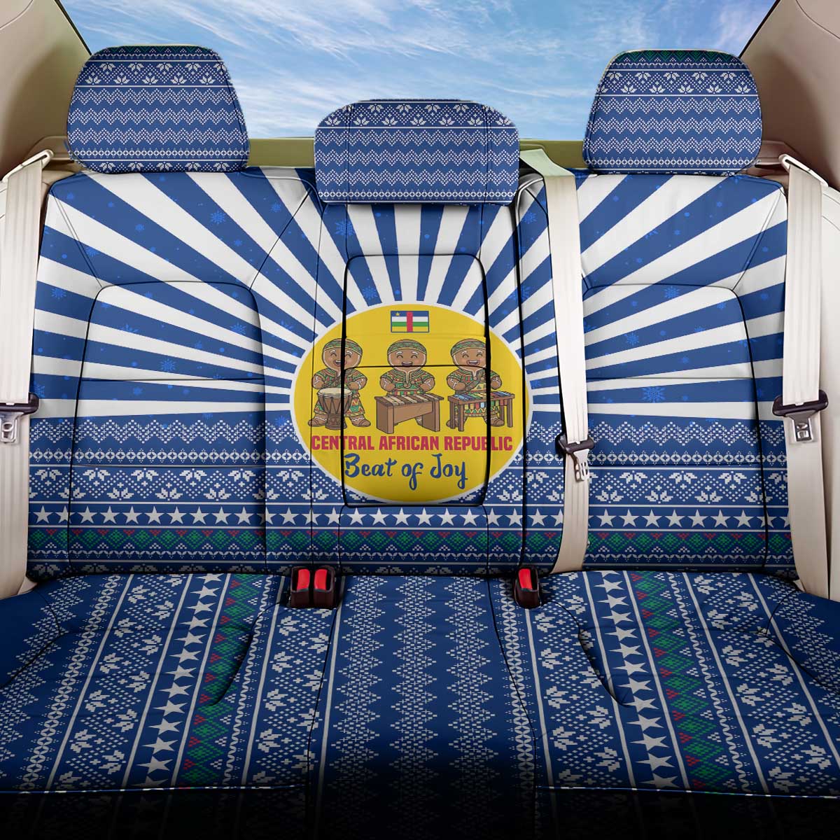 Central African Republic Christmas Back Car Seat Cover with Drumming Kids Beat of Joy Tribal Pattern and Snowflakes - Wonder Print Shop