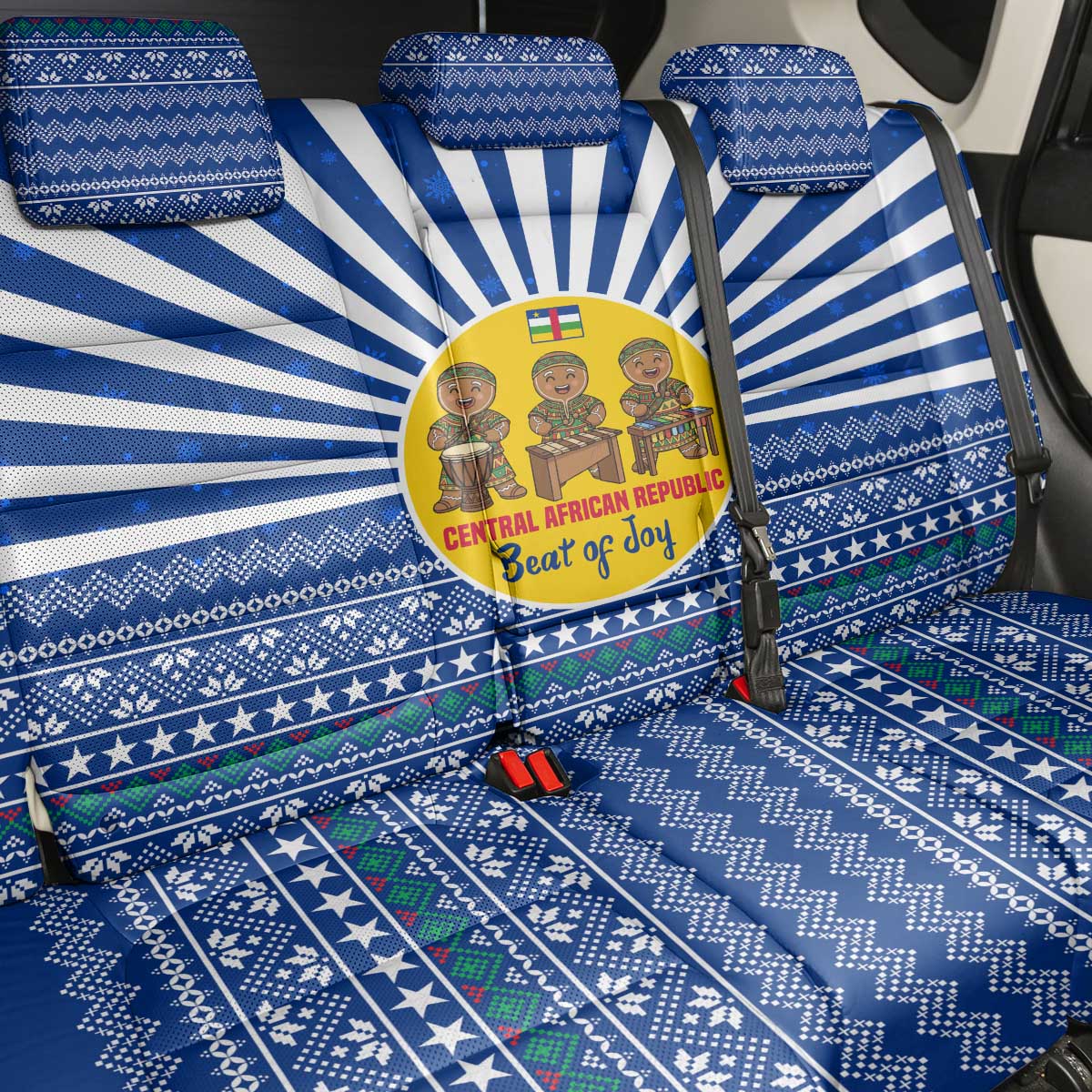 Central African Republic Christmas Back Car Seat Cover with Drumming Kids Beat of Joy Tribal Pattern and Snowflakes - Wonder Print Shop