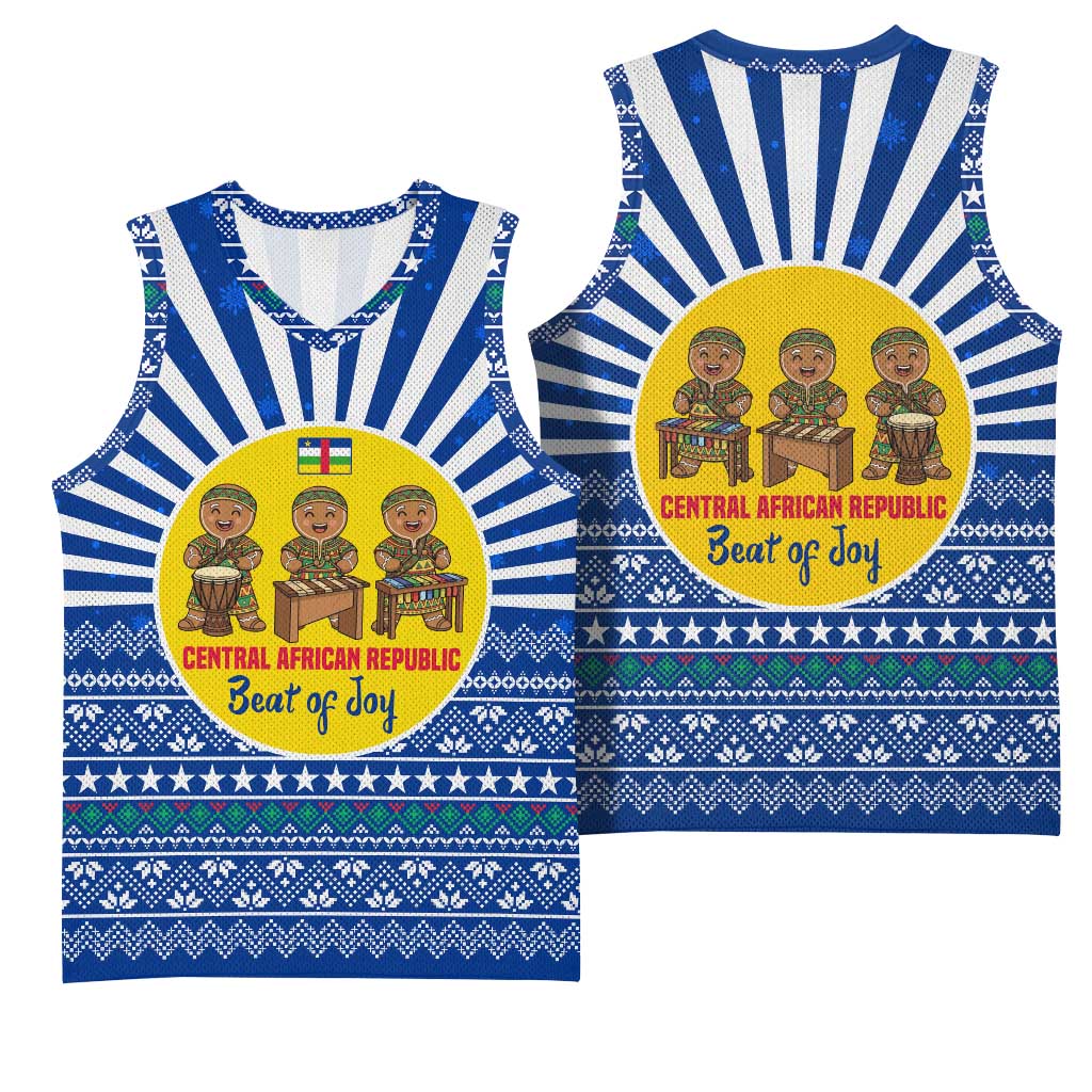 Central African Republic Christmas Basketball Jersey with Drumming Kids Beat of Joy Tribal Pattern and Snowflakes - Wonder Print Shop