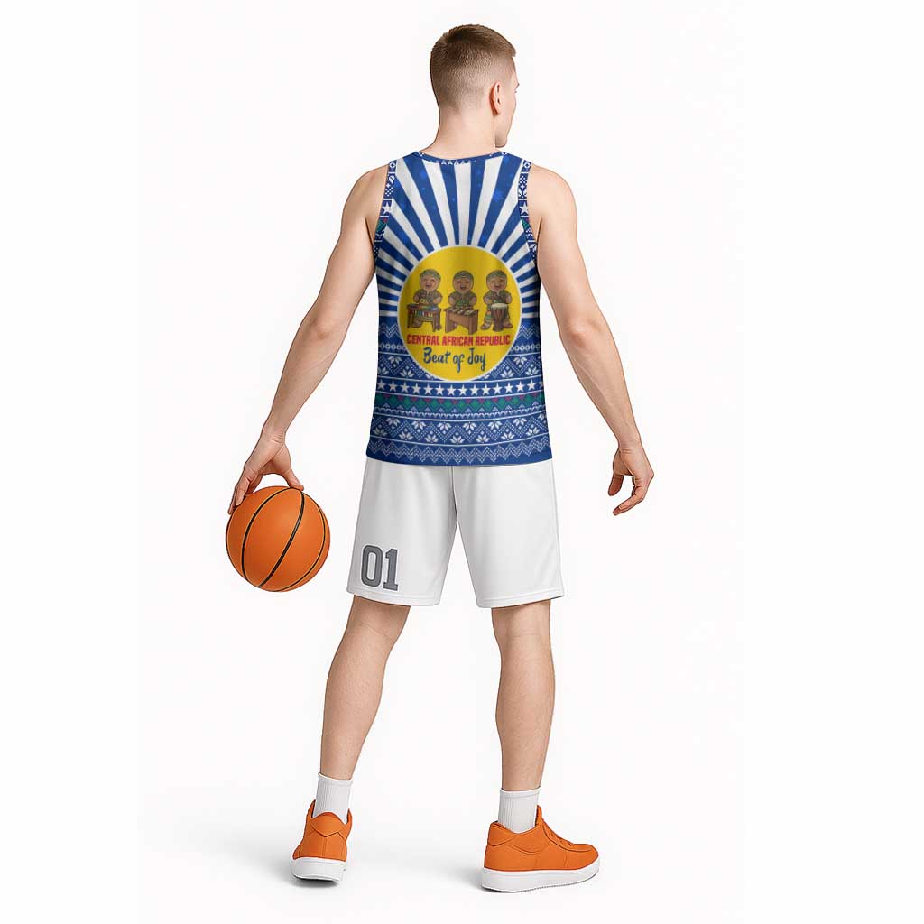 Central African Republic Christmas Basketball Jersey with Drumming Kids Beat of Joy Tribal Pattern and Snowflakes - Wonder Print Shop