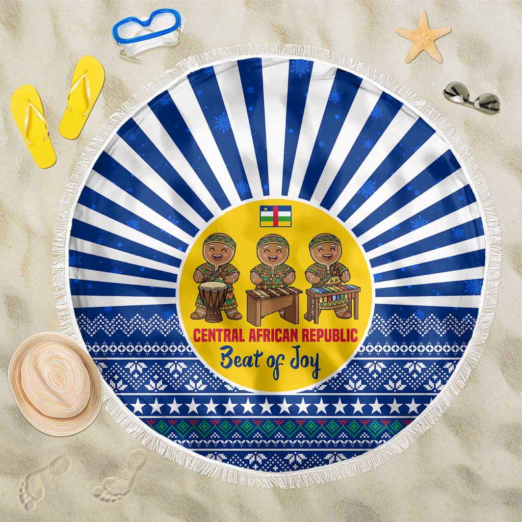 Central African Republic Christmas Beach Blanket with Drumming Kids Beat of Joy Tribal Pattern and Snowflakes - Wonder Print Shop