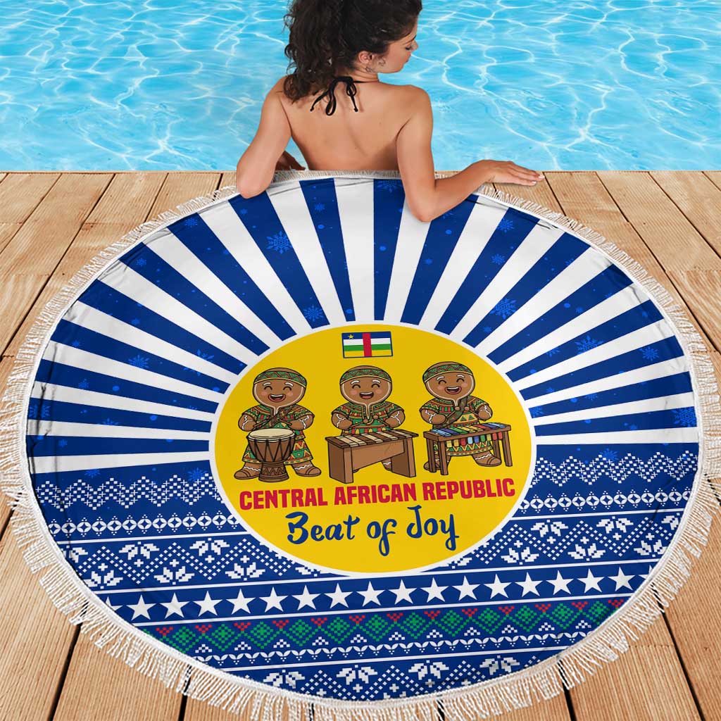 Central African Republic Christmas Beach Blanket with Drumming Kids Beat of Joy Tribal Pattern and Snowflakes - Wonder Print Shop