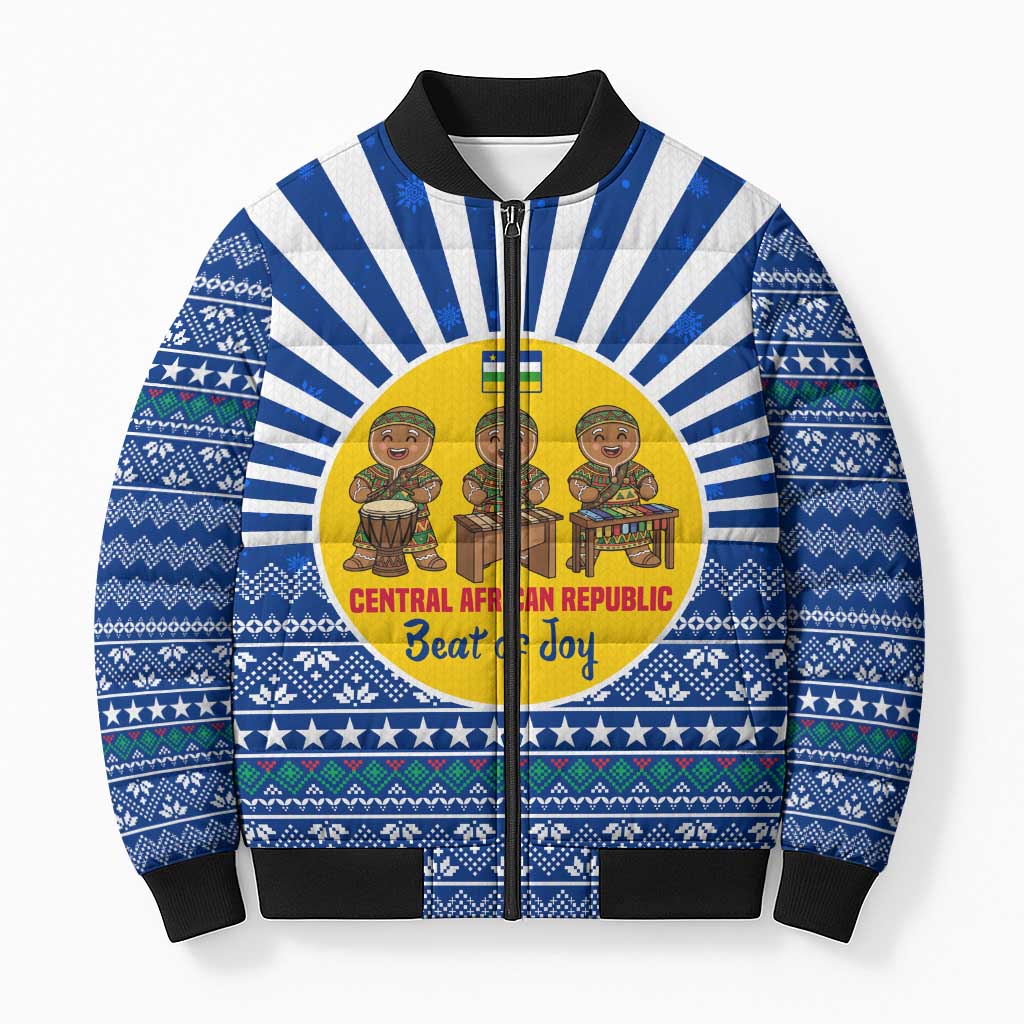 Central African Republic Christmas Bomber Puffer Jacket with Drumming Kids Beat of Joy Tribal Pattern and Snowflakes - Wonder Print Shop