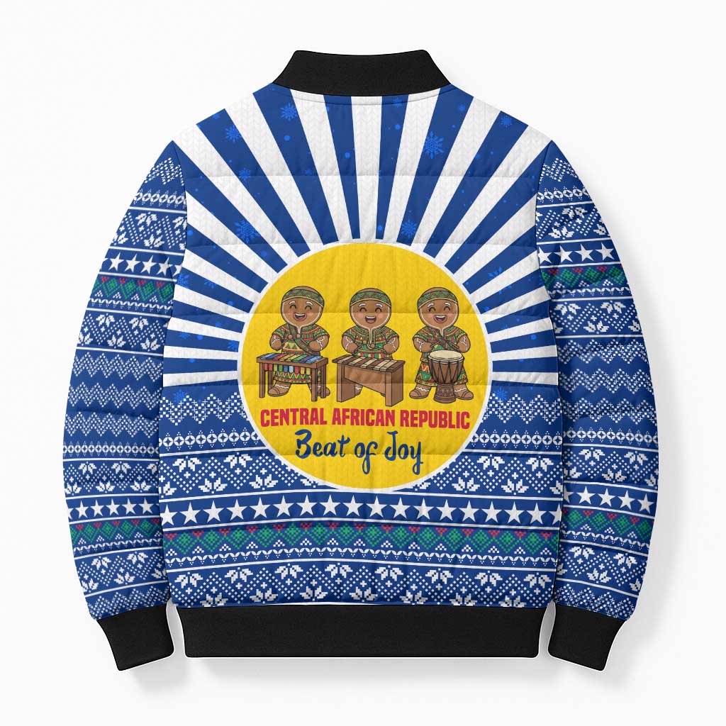 Central African Republic Christmas Bomber Puffer Jacket with Drumming Kids Beat of Joy Tribal Pattern and Snowflakes - Wonder Print Shop