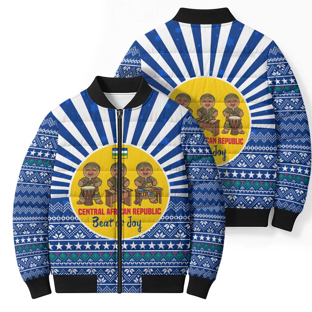 Central African Republic Christmas Bomber Puffer Jacket with Drumming Kids Beat of Joy Tribal Pattern and Snowflakes - Wonder Print Shop
