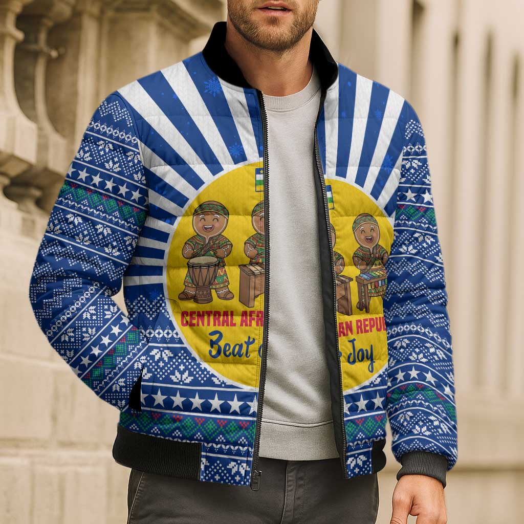 Central African Republic Christmas Bomber Puffer Jacket with Drumming Kids Beat of Joy Tribal Pattern and Snowflakes - Wonder Print Shop