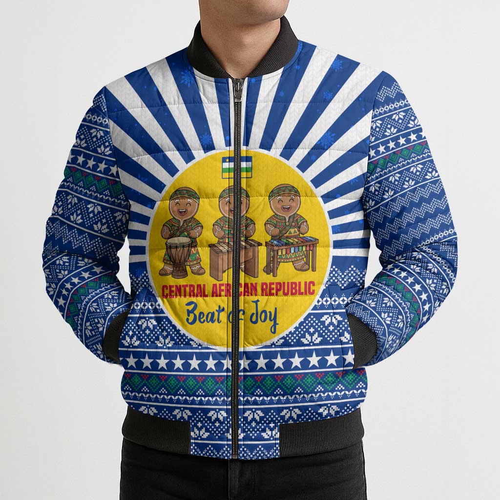 Central African Republic Christmas Bomber Puffer Jacket with Drumming Kids Beat of Joy Tribal Pattern and Snowflakes - Wonder Print Shop