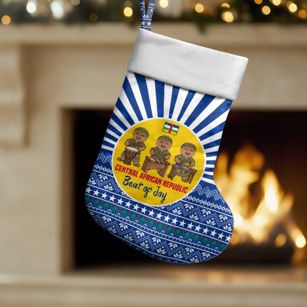 Central African Republic Christmas Stocking with Drumming Kids Beat of Joy Tribal Pattern and Snowflakes - Wonder Print Shop