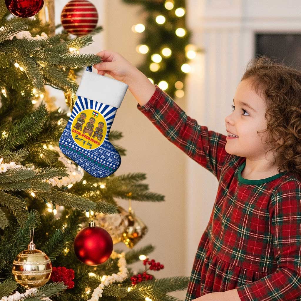 Central African Republic Christmas Stocking with Drumming Kids Beat of Joy Tribal Pattern and Snowflakes - Wonder Print Shop