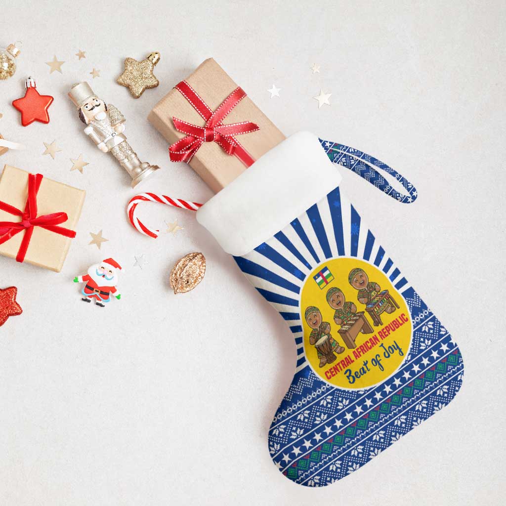 Central African Republic Christmas Stocking with Drumming Kids Beat of Joy Tribal Pattern and Snowflakes - Wonder Print Shop