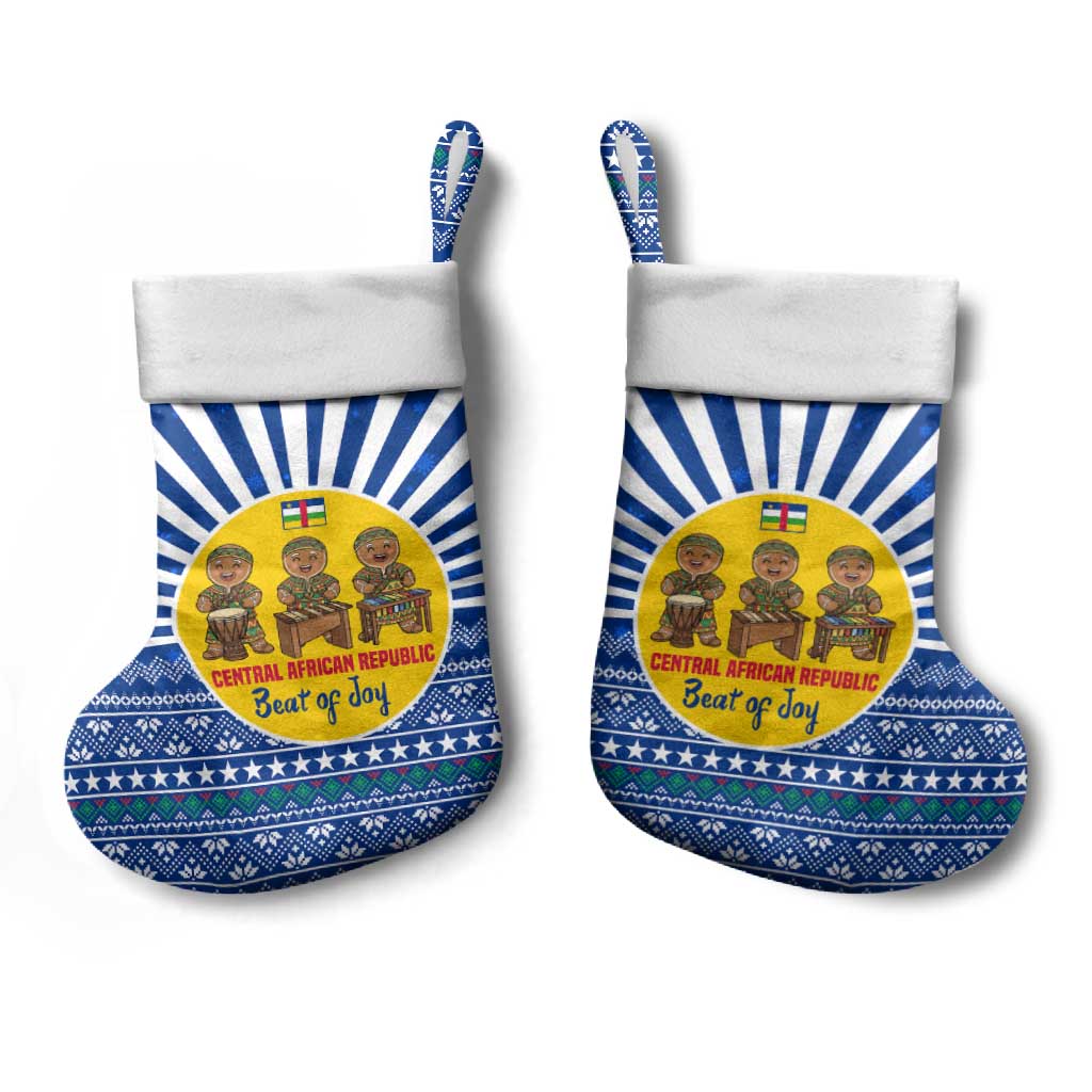 Central African Republic Christmas Stocking with Drumming Kids Beat of Joy Tribal Pattern and Snowflakes - Wonder Print Shop