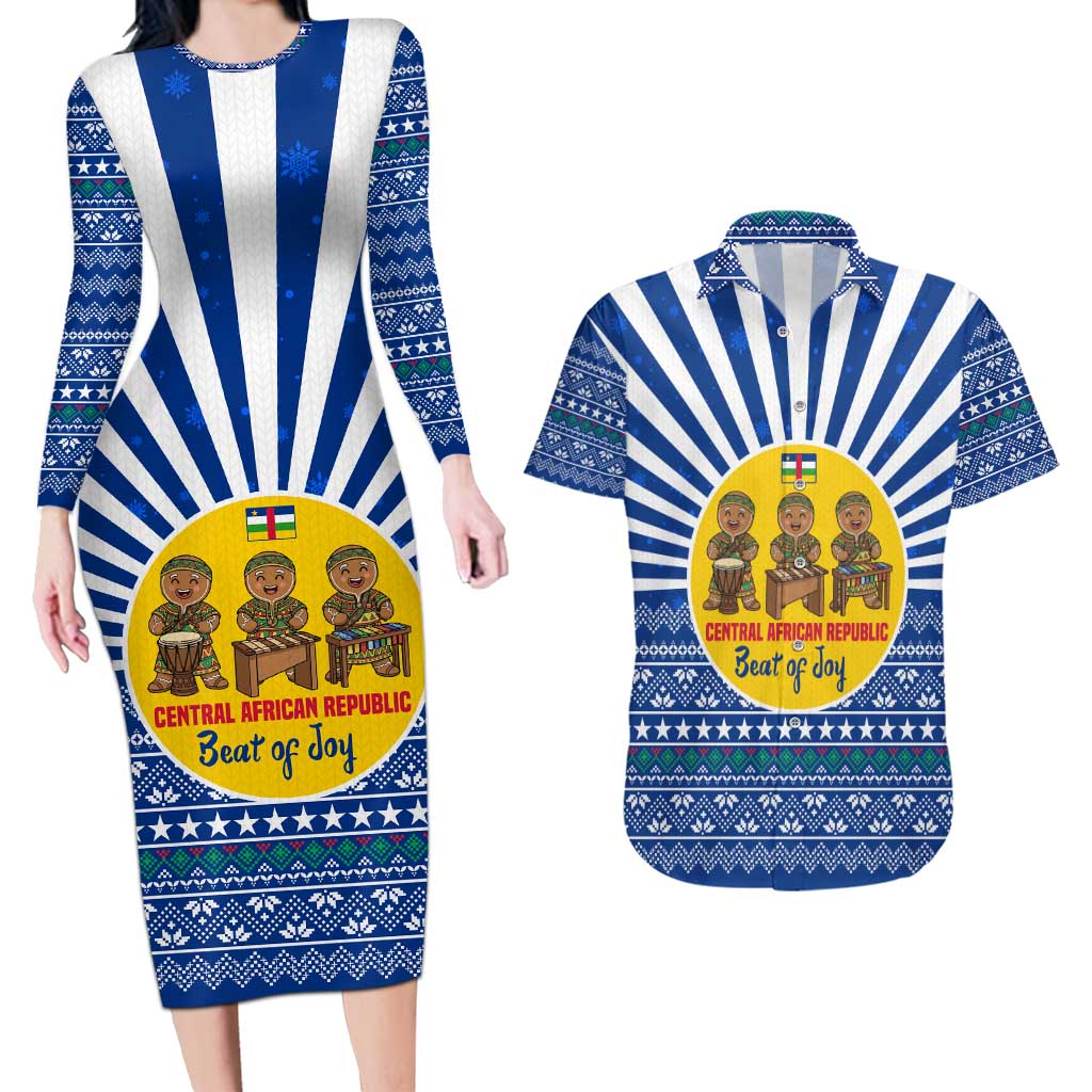 Central African Republic Christmas Couples Matching Long Sleeve Bodycon Dress and Hawaiian Shirt with Drumming Kids Beat of Joy Tribal Pattern and Snowflakes - Wonder Print Shop