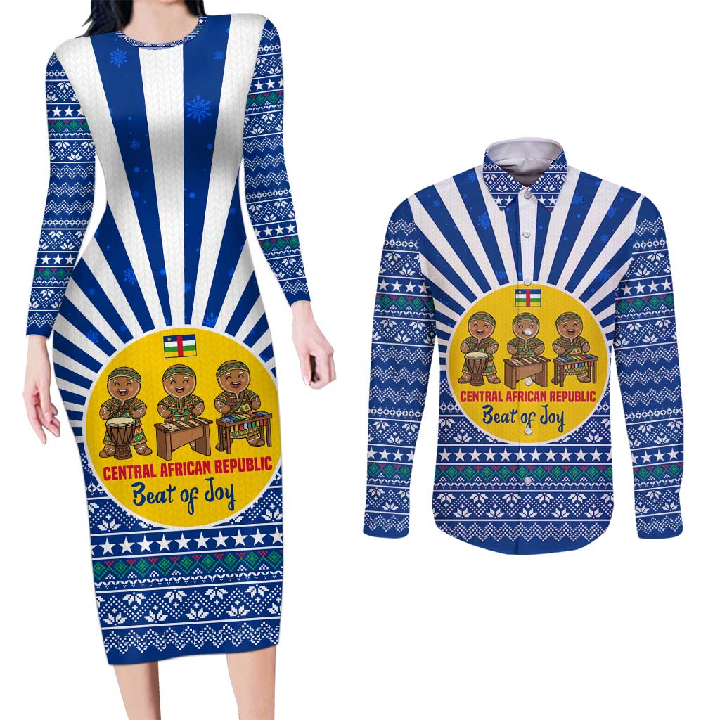 Central African Republic Christmas Couples Matching Long Sleeve Bodycon Dress and Long Sleeve Button Shirt with Drumming Kids Beat of Joy Tribal Pattern and Snowflakes - Wonder Print Shop