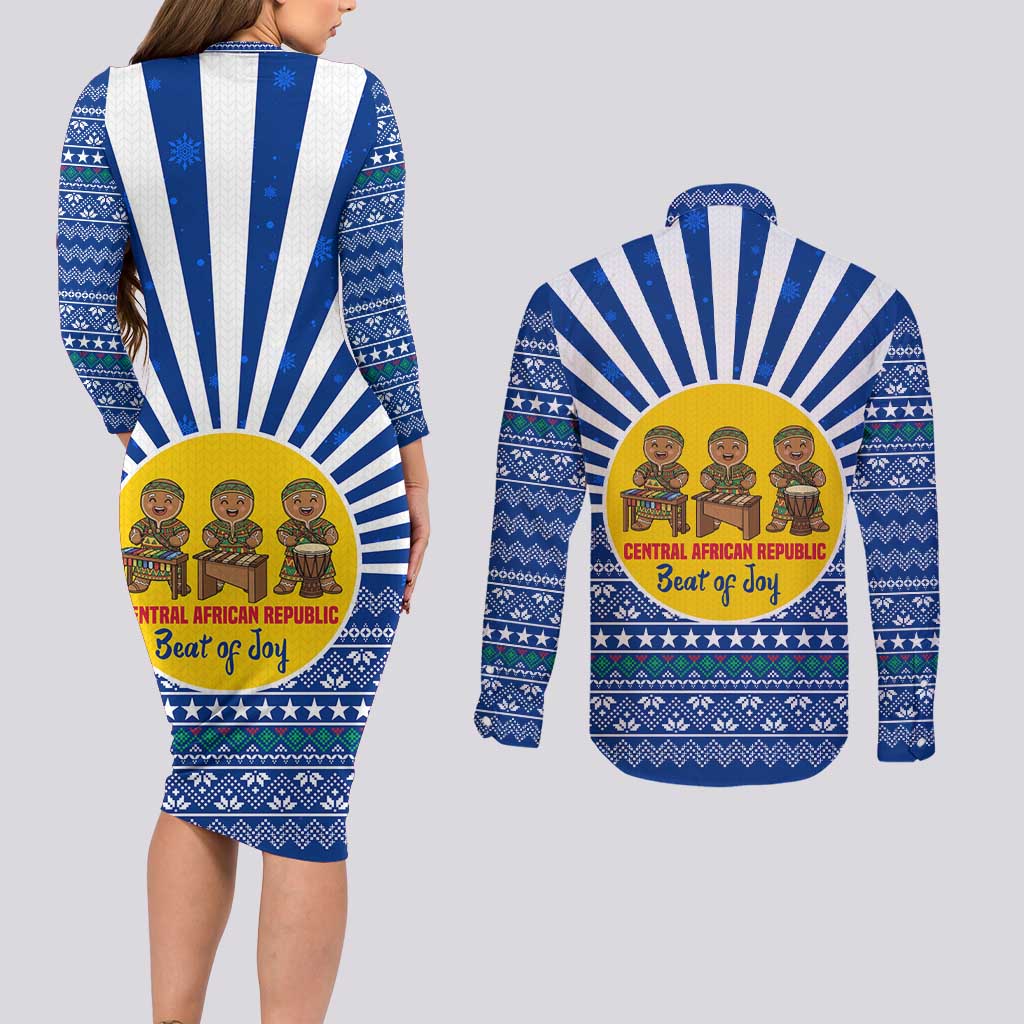 Central African Republic Christmas Couples Matching Long Sleeve Bodycon Dress and Long Sleeve Button Shirt with Drumming Kids Beat of Joy Tribal Pattern and Snowflakes - Wonder Print Shop