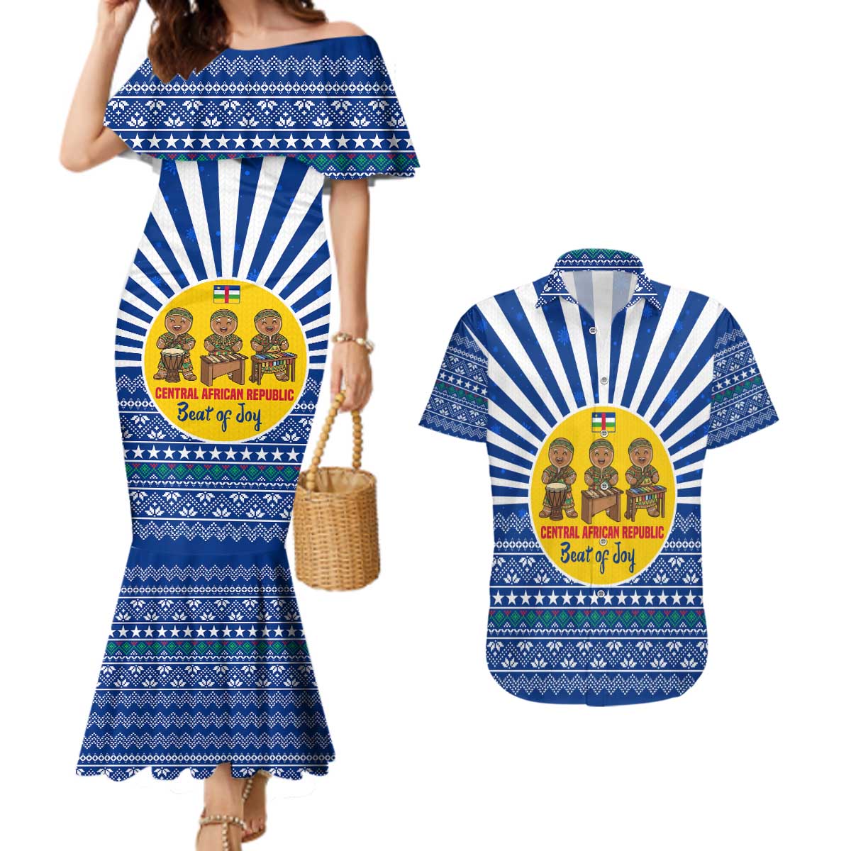 Central African Republic Christmas Couples Matching Mermaid Dress and Hawaiian Shirt with Drumming Kids Beat of Joy Tribal Pattern and Snowflakes - Wonder Print Shop