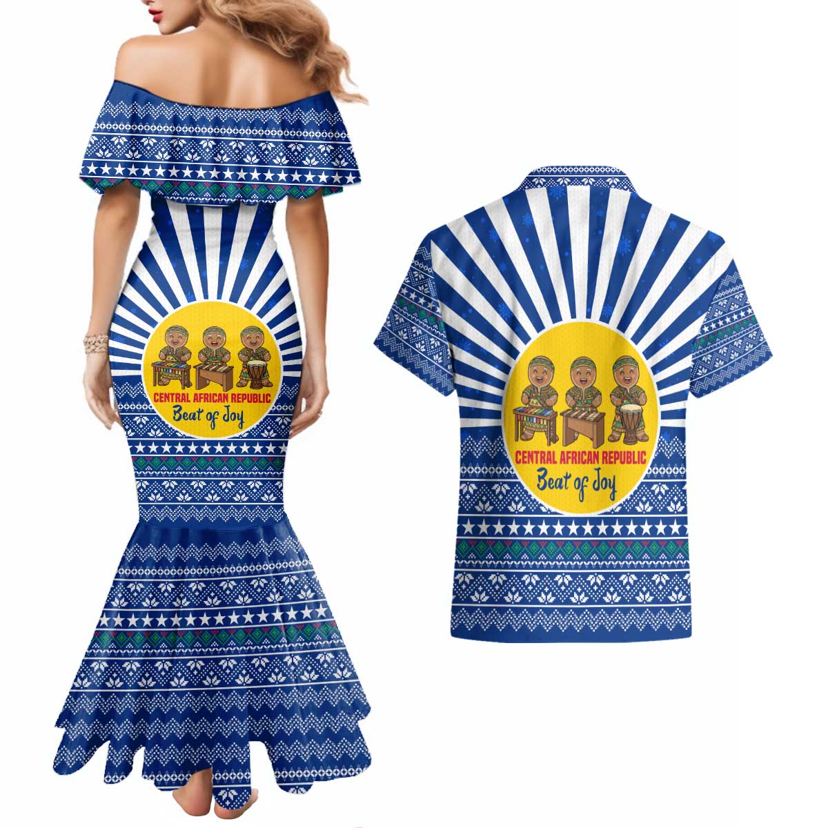 Central African Republic Christmas Couples Matching Mermaid Dress and Hawaiian Shirt with Drumming Kids Beat of Joy Tribal Pattern and Snowflakes - Wonder Print Shop