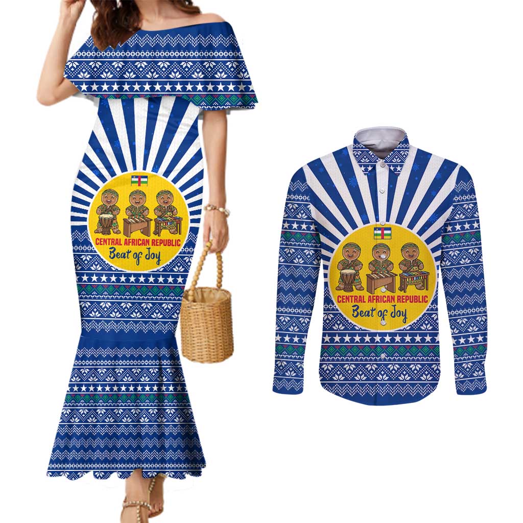 Central African Republic Christmas Couples Matching Mermaid Dress and Long Sleeve Button Shirt with Drumming Kids Beat of Joy Tribal Pattern and Snowflakes - Wonder Print Shop