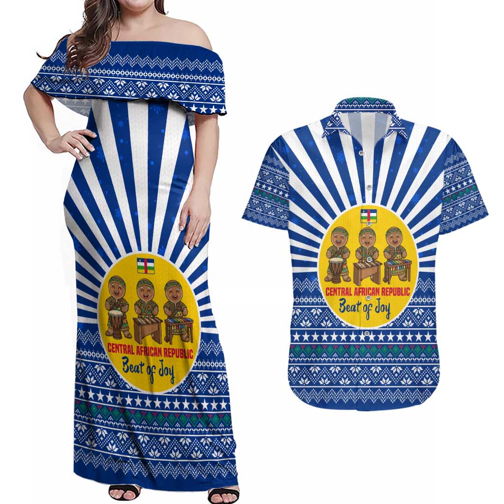 Central African Republic Christmas Couples Matching Off Shoulder Maxi Dress and Hawaiian Shirt with Drumming Kids Beat of Joy Tribal Pattern and Snowflakes - Wonder Print Shop
