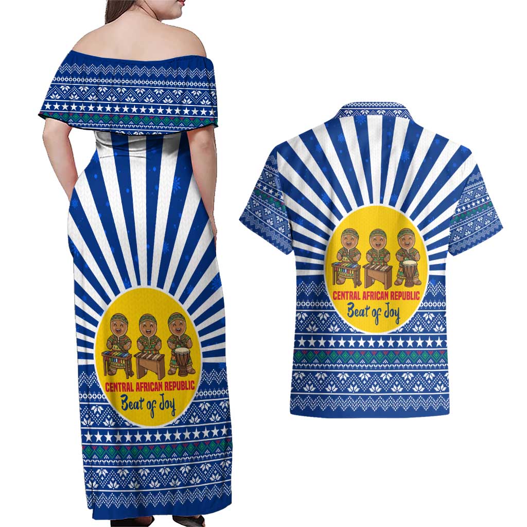Central African Republic Christmas Couples Matching Off Shoulder Maxi Dress and Hawaiian Shirt with Drumming Kids Beat of Joy Tribal Pattern and Snowflakes - Wonder Print Shop