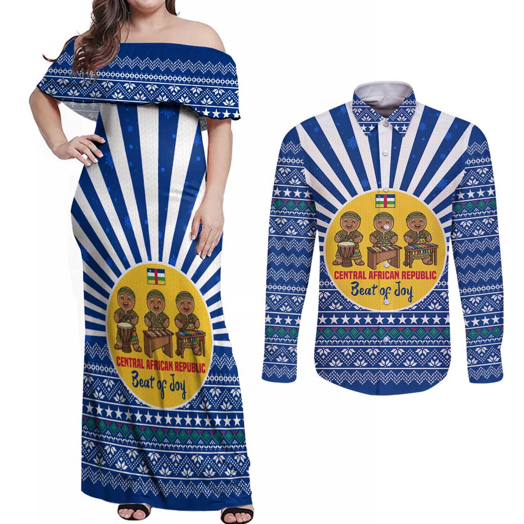 Central African Republic Christmas Couples Matching Off Shoulder Maxi Dress and Long Sleeve Button Shirt with Drumming Kids Beat of Joy Tribal Pattern and Snowflakes - Wonder Print Shop